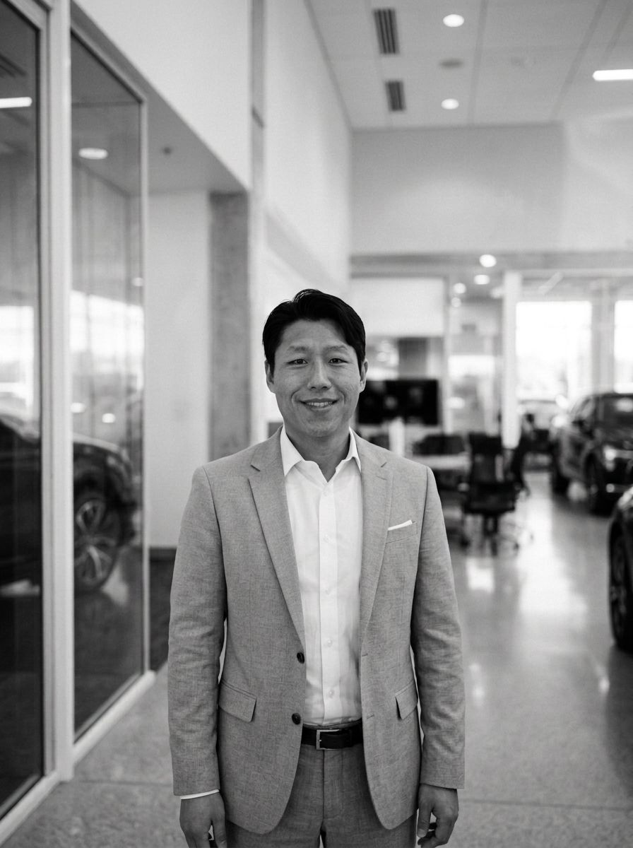 A man in a suit standing in a dealership showroom